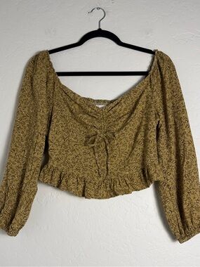 Japna Women's Cropped Ruched Medium Olive Green Floral Drawstring Peasant Top